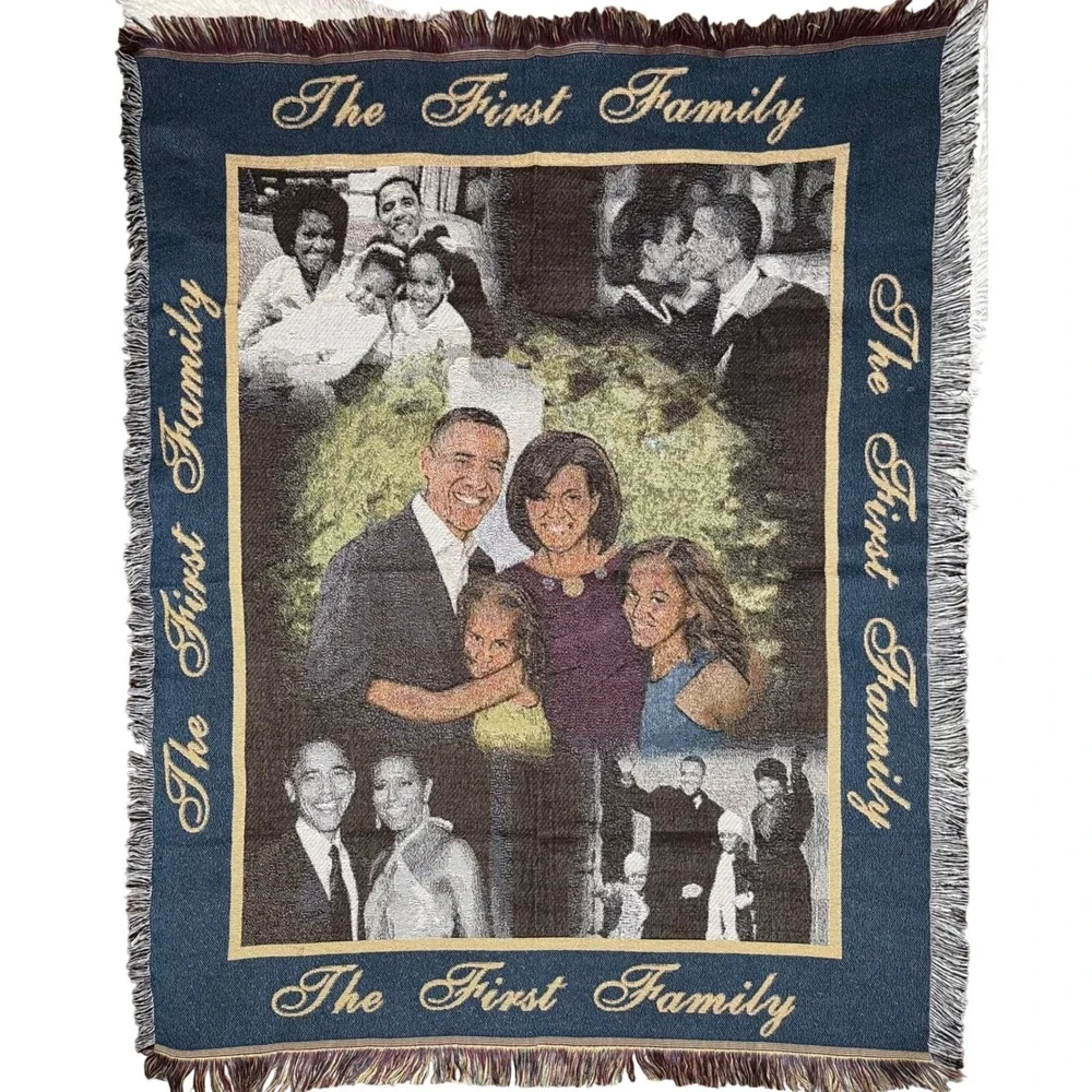 Barack Obama The First Family Woven Tapestry Throw Fringe Blanket 44th President